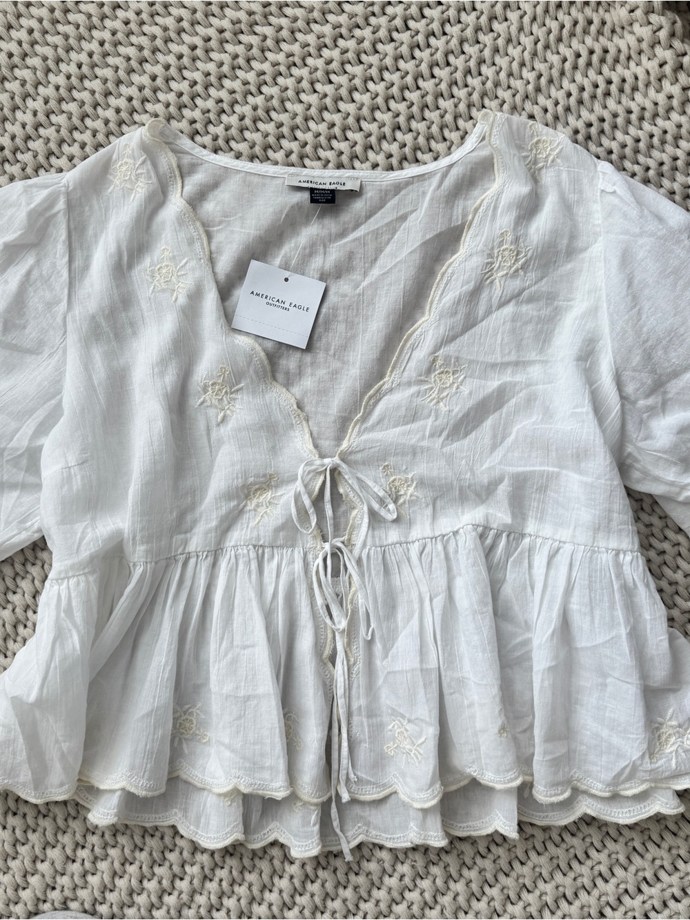 American Eagle Outfitters White Embroidered Tie-Front Peplum Blouse